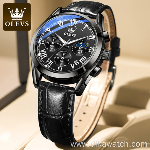 OLEVS 2871 Multifunctional Sports Watches Leather Luxury Fashion Genuine Leather Man Wristwatch Waterproof Luminous Men's Watch